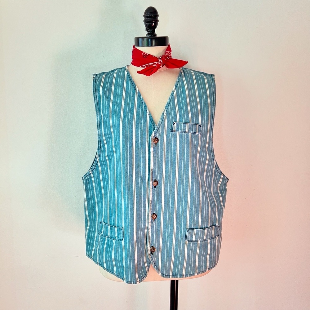 WORKWEAR 1990’s 90s Vintage White Striped Cotton Denim Jean Adjustable Vest L